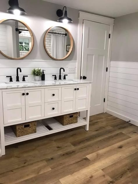 White Vanity Farmhouse Bathroom, Modern Farmhouse Bathroom Gray Vanity, Farmhouse Inspired Bathroom, Farmhouse Bathroom Wood Floor, Farmhouse Bathroom With White Vanity, Farmhouse Master Bath Remodel, Bathroom Renovation Ideas Farmhouse, Farmhouse Bathroom Cabinet Ideas, Shiplap Bathroom Farmhouse