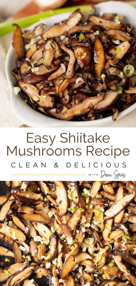 This Shiitake Mushrooms Recipe is cooked shiitake mushrooms with onion and garlic until tender and caramelized. It's an easy side dish recipe that adds a special finishing touch to your main dish and takes just 20 minutes to cook. Eat these sautéed shiitake mushrooms right out of the skillet, atop a pile of pasta, as a burger or pizza topping, or alongside a juicy grilled steak, pork chops, or chicken. Shiitake Recipes, Shiitake Mushrooms Recipes, Mushroom Side Dishes, Veggie Side Dish Recipes, Mushroom Recipes Healthy, Pizza Topping, Shitake Mushroom, Mushroom Dish, Clean And Delicious