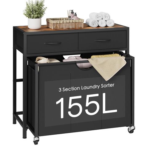 PRICES MAY VARY. Large Capacity: Overall capacity of the Laundry Hamper is about 40.94 gallons(155L), measuring 33”Lx13.2”Wx32.1”H. The 2 large drawers with handle provide ample hidden space for hygiene supply or gadgets. 13.18”wide board enables you organize foldable clothes, towels, or heavy stuff like detergent or toiletries. Easy Pull-out Basket: The black 3-section laundry sorter comes with 4 castors, which allows its mobility. The long pull handle, single-sided and reinforced with tight st Laundry Supply Organization, Hidden Laundry Hamper, Closet Laundry Room Organization, Laundry Basket Organizer, Hamper With Wheels, Laundry Hamper With Wheels, Hidden Laundry, Laundry Room Lighting, Organization Bathroom