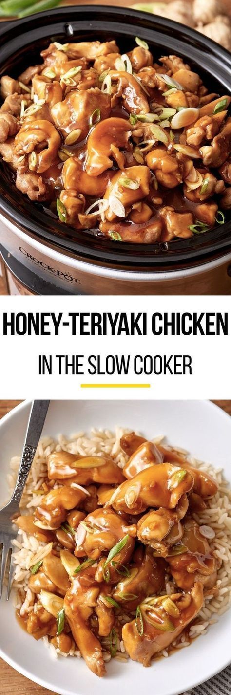 Easy honey teriyaki chicken in the slow cooker. Use your crock pot to make this simple meal. Like your favorite stir fry only with a homemade honey garlic sauce kids and adults both love! Recipes like this are perfect for quick weeknight dinners. It's the best if you make this with thighs, but this also works with breasts. Honey Teriyaki Chicken, Honey Garlic Sauce, Crockpot Dishes, God Mat, Crock Pot Slow Cooker, Crock Pot Cooking, Teriyaki Chicken, Delicious Dinner, Slow Cooker Chicken