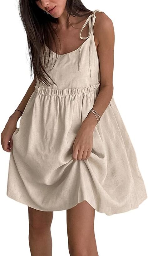 UANEO Summer Dresses for Women 2024 Cotton Linen Mini Sleeveless Tie Strap Dress Sundress(Beige-L) at Amazon Women’s Clothing store Linen Slip Dress, Loose Mini Dress, Summer Linen Dresses, Linen Mini Dress, Sling Dress, Mini Dresses For Women, Summer Dress Outfits, Suspender Dress, Linnet