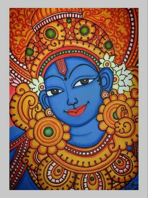 Mural Kerala Paintings, Krishna Kalamkari Painting, Kerala Mural Painting Krishna Simple, Kerala Mural Art Krishna, Kathakali Painting Acrylic, Pattachitra Paintings Design, Indian Mural Art, Kerela Murals Paintings, Kerala Mural Painting On Canvas