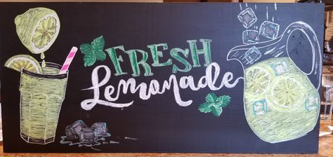 Lemonade Chalkboard Art, Lemonade Chalkboard Sign, Lemonade Poster Ideas Signs, Catchy Lemonade Stand Names, Cute Lemonade Signs, Summer Restaurant Chalkboard, Animal Clinic, Spring Drink, Lemonade Sign