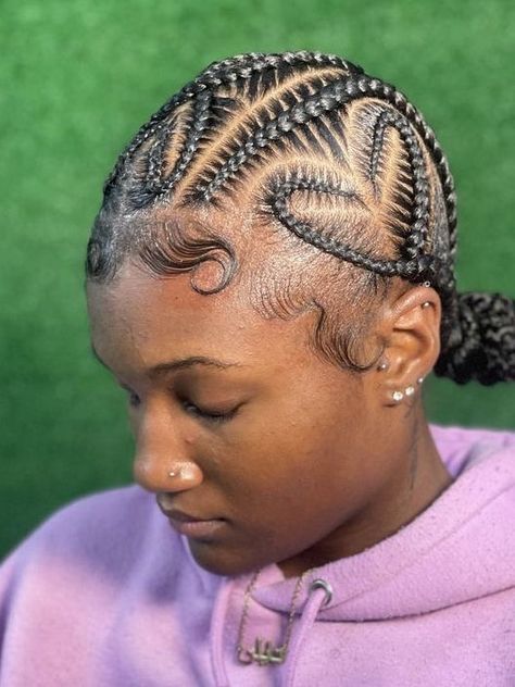 Straight Back Feed In Braids With Design In Bun, Cornrows With Heart, Corn Row Styles, Straight Back Feed In Braids, Skl Hairstyles, Stitch Cornrows, Heart Braids, Cornrow Hairstyle, Bun Design