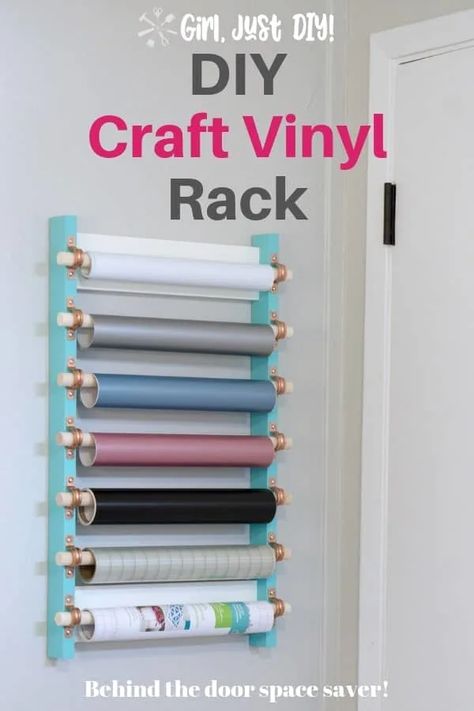 50 Super Helpful Craft Supply and Craft Room Organizational Ideas | Witchcrafted Life Craft Vinyl Storage, Vinyl Storage Rack, Vinyl Rack, Cricut Storage, Diy Space Saving, Diy Space, Dream Craft Room, Projets Cricut, Craft Room Design