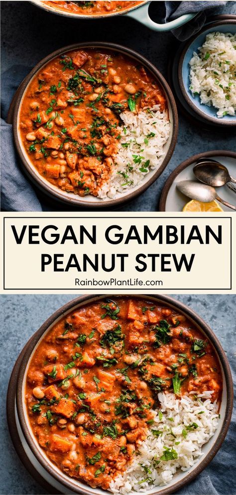 Vegan Gambian Peanut Stew | Rainbow Plant Life- This Vegan Gambian Peanut Stew is a plant-based spin on a traditional West African peanut stew and is hearty but healthy! It’s an easy one-pot recipe that can be made ahead and is vegan, gluten-free, and plant-forward. Click for the recipe! West African Peanut Stew, Vegan Stew Recipes, Rainbow Plant Life, African Peanut Stew, Peanut Stew, Vegan Stew, African Cooking, Tasty Vegetarian Recipes, Healthy Fall