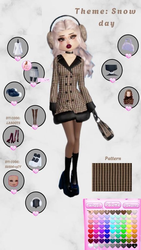 celebrity wardrobe outfits 2025 Snowy Day Dress To Impress, Outdoorsy Dress, Dress To Impress Cozy Theme, Cozy Dress To Impress Outfit, Snow Day Dress To Impress, Winter Dress To Impress, Winter Day Outfit, Rose Gold Makeup Looks, Roblox Dress