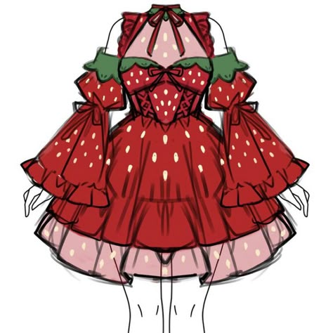 Strawberry Outfit, Strawberry Dress, Dress Design Drawing, Art Outfits, Drawing Anime Clothes, Clothing Design Sketches, Dress Design Sketches, Dress Drawing, Whimsical Fashion