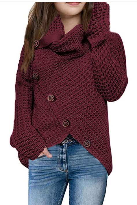 best jacket for girl/Haloumoning Girls Sweaters Button Turtle Cowl Neck Asymmetric Hem Wrap Pullover Sweaters For Girls, Pullover Mode, Boutique Clothes, Women's Outfits, Star Sweater, Womens Turtleneck, Long Sleeve Knit Sweaters, Sweater Brands, Casual Clothes