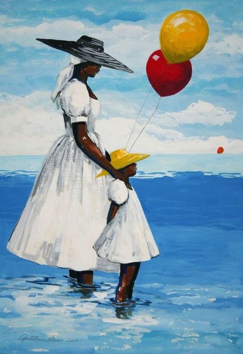 Jonathan Green, American, 1955 Mother & Daughter, n/d. The artwork of Green is heavily influenced by his Gullah heritage with vividly colored paintings and prints documenting everyday chores, in addition to celebrating Gullah life’s rites of passage. By returning his art to his childhood upbringing, Green has created an autobiographical body of work in addition to documenting a vanishing way of life. Gullah Art, Jonathan Green, Arte Folk, Afrique Art, Caribbean Art, Black Artwork, Afro Art, African American Art, Green Art