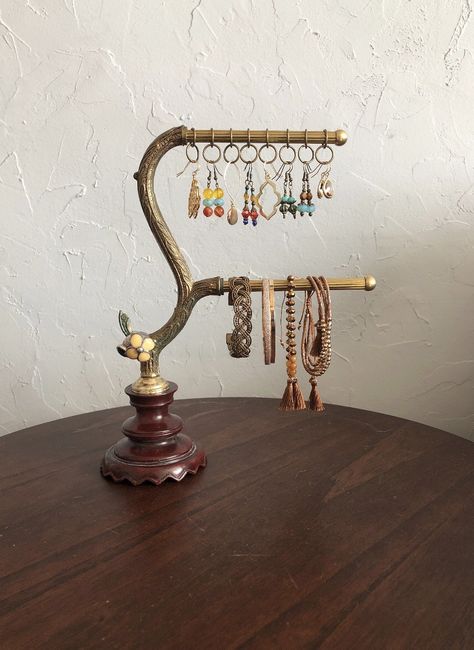 Jewelry organizer earring display repurposed vintage bracelet holder ring holder Vintage Jewelry Holder, Jewelry Shelf, Retail Jewelry Display, Vintage Jewelry Display, Jewelery Organizer, Jewelry Organizer Stand, Bracelet Holder, Bracelet Organizer, Thrift Inspo