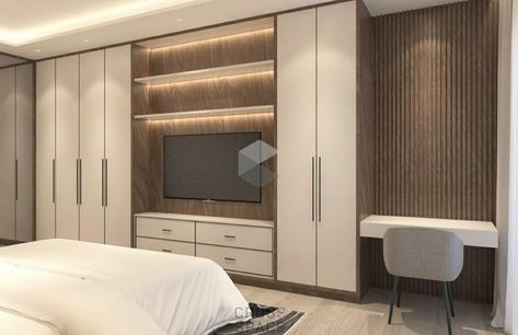 Built In Wardrobe And Tv Unit, Closet Con Tv, Wardrobe With Tv Unit, Guess Bedroom, Tv Closet, Bedroom Inspiration Grey, Bedroom Wall Units, Bedroom Interior Design Modern, Wall Wardrobe Design