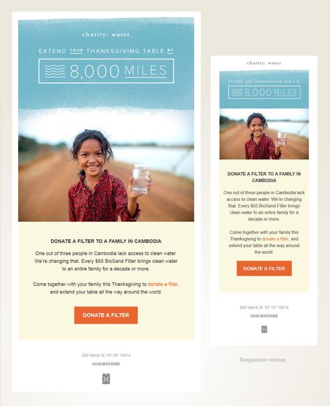 Responsive Email Design - Charity Water - Non-profit Email Layout Nonprofit Design, Email Layout, Charity Water, Nonprofit Marketing, Rating System, Email Blast, Responsive Email, Email Newsletter Template, Email Newsletter Design