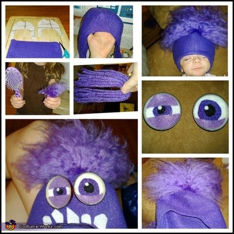 Cynthia: I, Cynthia, am wearing the Lucy costume. I bought a turquoise trench coat, got a 1/4yd of white with pink polka dot fabric for the neck scarf, a red wig... Evil Minion Costume, Purple Minion Costume, Minion Diy, Diy Minion Costume, Homemade Minion Costumes, Lucy Costume, Purple Minion, Minion Costume, Purple Minions