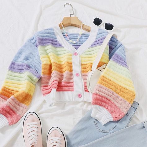 Pastel Rainbow Outfit Aesthetic, Rainbow Cardigan Outfit, Rainbow Outfit Women, Rainbow Clothes, Rainbow Cardigan, Rainbow Outfit, Rainbow Sweater, Trendy Dress Outfits, Cute Cardigans