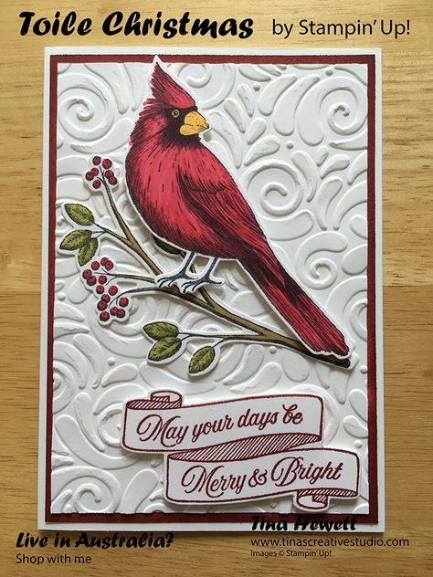 An easy Christmas card using the Toile Christmas stamp set and Christmas Cardinal dies from Stampin' Up's 2019 Holiday catalogue. Cardinal Christmas Cards, Toile Christmas, Christmas Cards 2018, Cardinal Christmas, Stamped Christmas Cards, Simple Christmas Cards, Christmas Cardinals, Homemade Christmas Cards, Stampin Up Christmas Cards