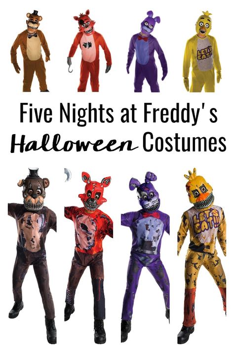 No matter who your child's favorite FNAF character is, there's a Five Nights Freddy Halloween Costumes for everyone! You can choose between the regular or nightmare versions and I'm sharing some alternatives for the masks so they can wear the costumes to school! Five Nights At Freddy's Halloween Costume, Diy Five Nights At Freddy's Costume, Diy Fnaf Costume, Five Nights At Freddy's Halloween, Fnaf Costume For Kids, Five Nights At Freddy's Costume, Fnaf Mask, Fnaf Costumes, Bonnie Costume