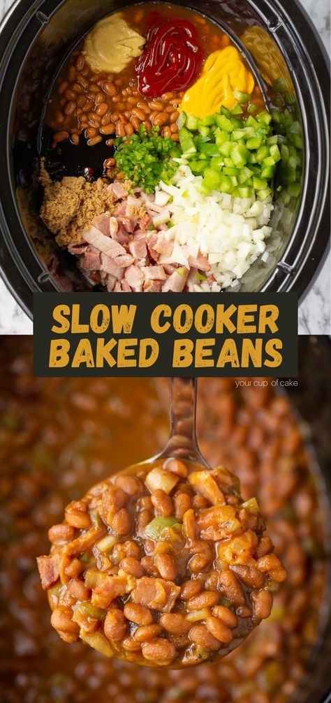 Slow Cooker BBQ Baked Beans - Your Cup of Cake Baked Beans Crock Pot, Amazing Slow Cooker Recipes, Slow Cooker Baked Beans, Best Baked Beans, Bbq Baked Beans, Bbq Beans, Slow Cooker Baking, Summer Bbq Recipes, Food Bbq