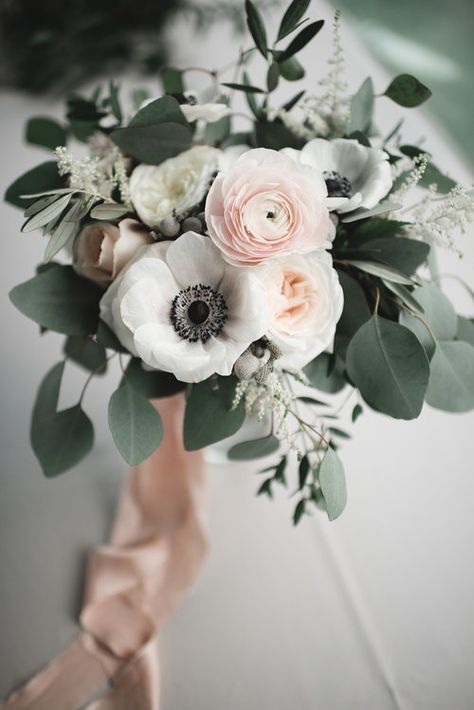 Blush and white bridal bouquet with garden roses, anemones, ranunculus, and eucalyptus greenery tied off with silk ribbon #weddingflowers #silkribbon #blushbouquet #virginiaweddingflorist Wedding Flower Guide, Blush Bouquet, Yacht Club Wedding, Flower Guide, White Bridal Bouquet, Wedding Flower Arrangements, Lorde, Bride Bouquets, Greenery Wedding