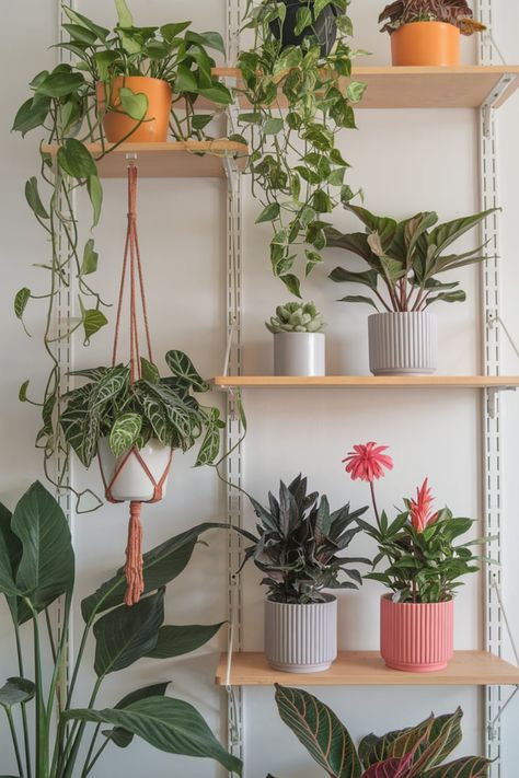 Create an indoor jungle display with mixed-height plant shelves. Add hanging planters and lush leafy greens for a fresh and vibrant aesthetic that fits perfectly in urban homes. #UrbanJungleDisplay #IndoorGreenery #LushLivingSpaces #PlantLoversDecor #ModernJungleStyle #HangingPlanters #UrbanOasis #VibrantHomeDecor #IndoorPlantShelves #NatureInspiredInteriors 2025 Blessings, Plant Shelf Ideas, Plants Shelf, Bedroom Plants Decor, Plant Storage, Hang Plants, Indoor Plant Shelves, Urban Homes, Vibrant Aesthetic