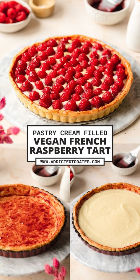 steps showing raspberry tart with custard filling, raspberry jam glaze, and fresh raspberry topping. Vegan Raspberry Tart, Shortcrust Pastry Fillings, Dairy Free Pastries, Vegan Raspberry Dessert, Dairy Free Pastry, Lemon Raspberry Tart, Vegan Patisserie, Vegan Tart, Dessert Tarts