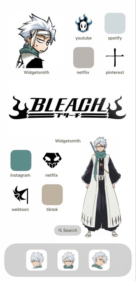 Bleach Themed Phone, Bleach Homescreen Layout, Manga Homescreen Layout, Bleach Homescreen, Layout Homescreen, Ios Themes, Toshiro Hitsugaya, Home Lock Screen, Phone Layouts