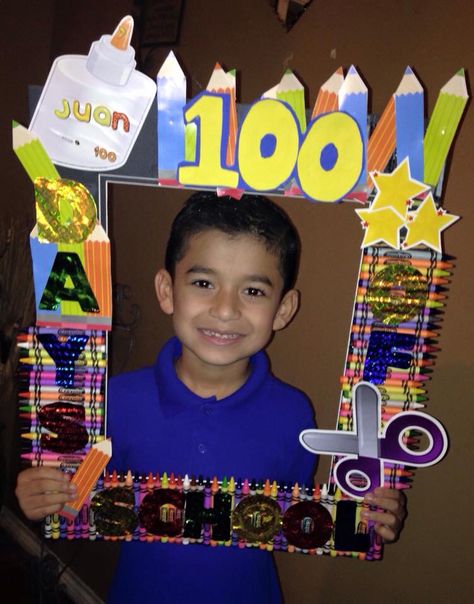 100 days of school project. I didn't want a plain poster board or a plain picture frame, so I combined them together .. Amazing results, and the little one enjoyed helping☺️ 100 Days Of School Poster, School Poster Ideas, 100 Days Of School Project Kindergartens, 100 Day Project Ideas, 100 Días De Clases, 100th Day Of School Crafts, 100 Day Of School Project, 100 Day Celebration, School Poster