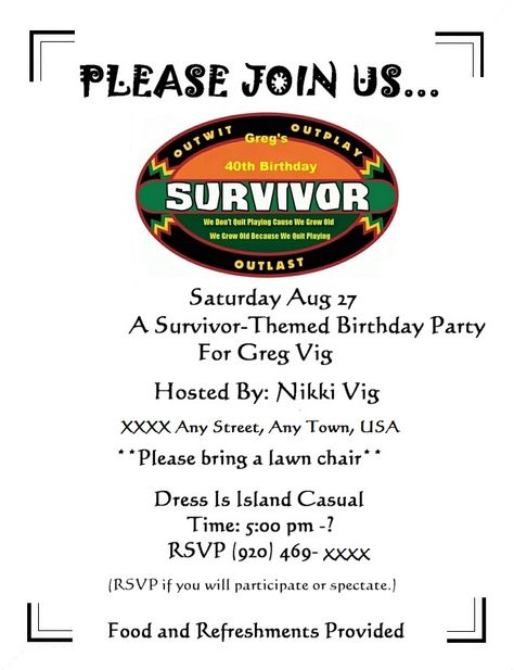 Survivor 40th Birthday Party Survivor Theme Party, Survivor Birthday Party, Survivor Theme, Unique Birthday Party Ideas, Game Challenges, Survivor Party, 40th Birthday Men, 40th Birthday Quotes, Birthday Men