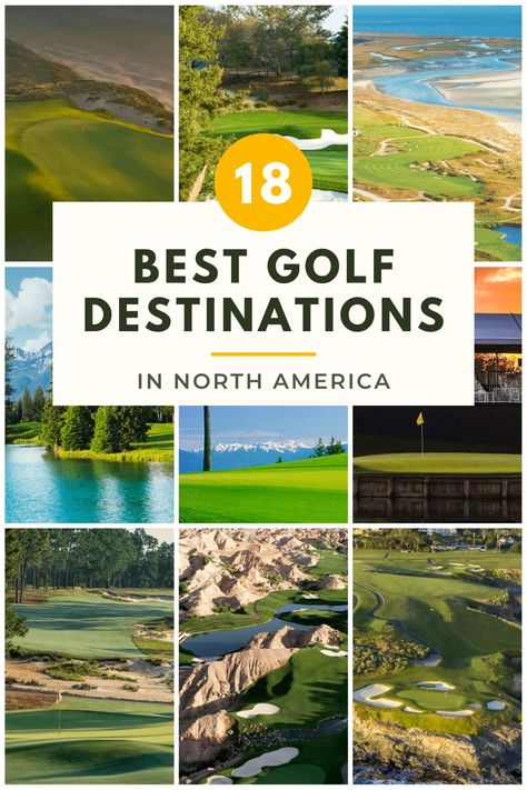 The 18 Best Golf Destinations in North America are: TPC Sawgrass, Fairmont Jasper Park Lodge, Bandon Dunes, Pasatiempo Golf Club, Kiawah Island Golf Resort, Bethpage State Park, Bear Mountain Golf Resort, Pebble Beach Golf Links, Pinehurst Golf Resort, Wolf Creek Golf Club, The Algonquin, Nicklaus North, Fairmont Banff Springs, Cabot Links, Streamsong, Harbour Town, Spyglass Hill Golf Course, and Erin Hills Golf Course. Best Golf Courses America, Golf Trips Travel, Pinehurst Golf, Golf Trips, Golf Driving Range, Top Golf Courses, Paige Spiranac, Vacations In The Us, Golf Travel