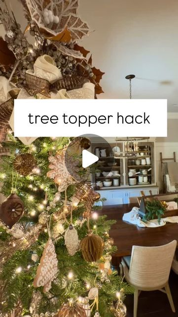 Tina Schaible on Instagram: "CHRISTMAS TREE TOPPER HACK! Even if you use a simple star or an angel..this is so easy peasy.  No ladder needed, no tired arms and sore back, arranging those stems and bows. It’s all about easy over here ♥️🎄   #christmasdecor #christmastree #treetopper #easydecorating" Make Your Own Christmas Tree Topper, Diy Owl Tree Topper, Neutral Tree Topper Ideas, Angel Tree Toppers Christmas, Primitive Tree Topper, Star Tree Topper Ideas, Christmas Tree No Topper, Pine Cone Tree Topper, Diy Star Topper Christmas Tree