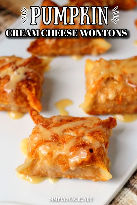 Pumpkin wontons on a white plate. Dessert Wontons, Wonton Filling Recipes, Asian Inspired Desserts, Wonton Wrapper Recipes, Pumpkin Pie Spice Recipe, Cream Cheese Wontons, Simply Stacie, Cheese Wontons, Pumpkin Cream Cheese