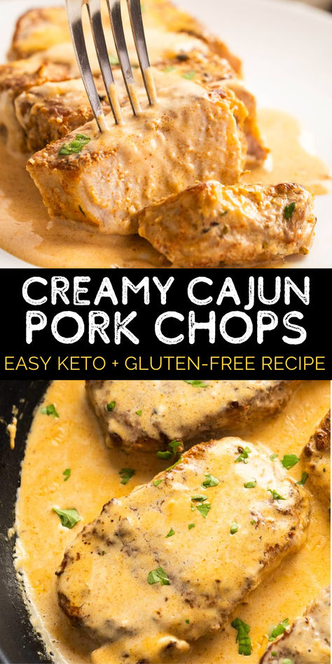 You'll love these Creamy Cajun Pork Chops when you need a quick, low-carb dinner! Get the juiciest, thick-cut pork chops with a deliciously flavorful sauce in this easy one-pan recipe. Porkchops Dinner Ideas Low Carb, Pork Chops With Cream Sauce, Meal Ideas With Pork Chops, Healthy Easy Dinner Low Carb, Cheap Easy Keto Dinners For Family, Keto Recipes Pork Chops, Gluten Free Smothered Pork Chops, The Best Keto Recipes.com, Easy Keto Pork Chop Recipes