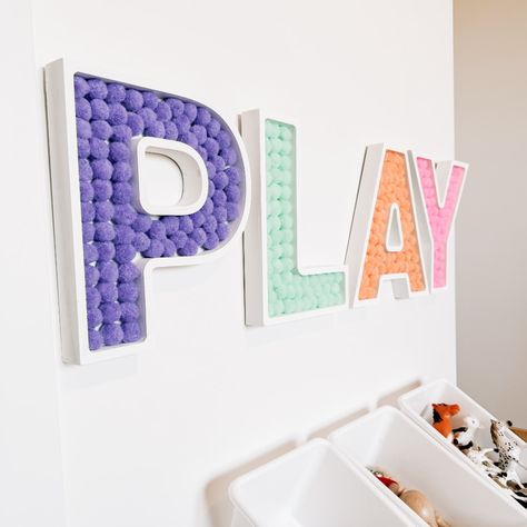 DIY PLAY Letters for Playroom | CraftCuts.com Easy Cheap Playroom Ideas, Play Letters Playroom, Small Playroom Decor, Diy Playroom Wall Decor, Playroom Inspiration For Kids, Play Sign For Playroom, Diy Playroom Decor, Diy Kids Playroom, Teen Playroom