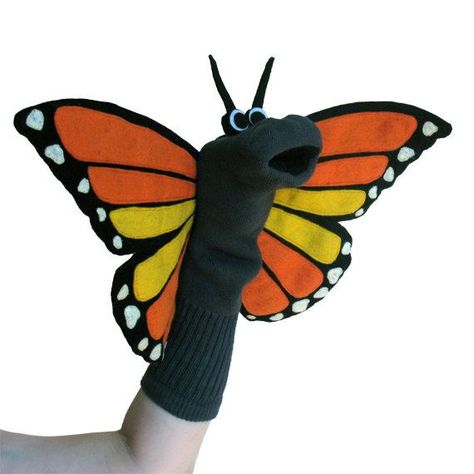 Monarch Sockett® Couture Butterfly Sock Puppet by SockHollow #sockpuppets Sock Puppet, Glove Puppets, Puppets For Kids, Puppets Diy, Sock Puppets, Puppet Patterns, Sock Toys, Sock Crafts, Puppet Making