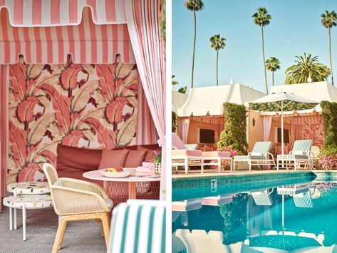 The Cabanas at the Beverly Hills Hotel Receive a Retro-Glam Makeover Beverly Hills Hotel Aesthetic, Pink Places, Charleston Hotels, Colorful Terrazzo, Pool Cabanas, Hotel Aesthetic, The Beverly Hills Hotel, Banana Leaf Wallpaper, Pink Banana