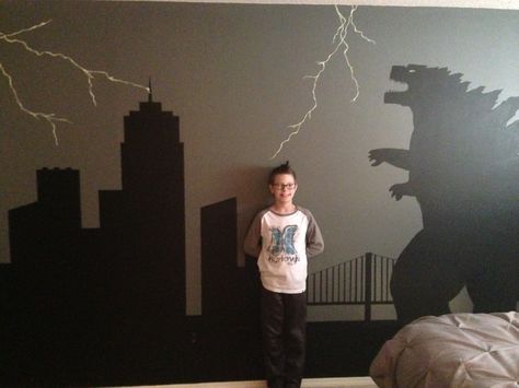 My Godzilla obsessed son LOVES his bedroom wall mural. Boys Godzilla Bedroom, Godzilla Bedroom Ideas, Godzilla Room Ideas, Godzilla Bedroom, Godzilla Room, Godzilla Decorations, Godzilla Party, Godzilla Birthday Party, Bedroom Wall Mural