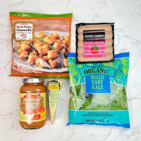 Trader Joe’s Autumnal Soup, Fall Trader Joes Recipes, Sweet Potato Gnocchi Soup, Chicken Sausage Kale, Harvest Soup, Chicken Sausages, Sausage Kale, Chicken Apple Sausage, Apple Chicken