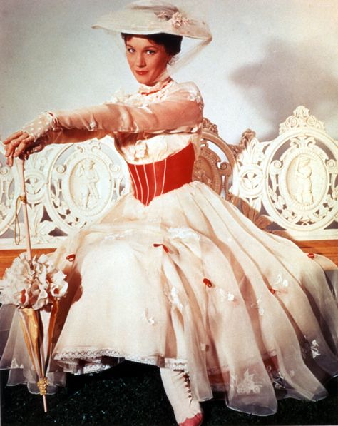 Julie Andrews - MARY POPPINS Mary Poppins White Dress, Julie Andrews Mary Poppins, Mary Poppins Jolly Holiday, Mary Poppins 1964, Popular Hats, Frilly Dresses, Holiday Costumes, Julie Andrews, Gibson Girl