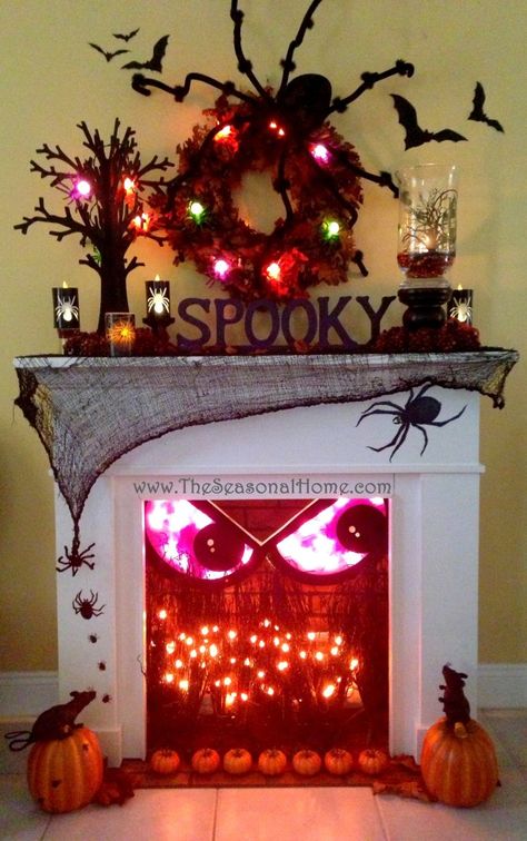 Cool idea for SPOOKing up your fireplace this Halloween.  Details on www.TheSeasonalHome.com. Christmas Decoration For Kids, Porta Halloween, Diy Halloween Dekoration, Halloween Fireplace, Dekorasi Halloween, Halloween Decor Diy, Hallowen Ideas, Casa Halloween, Halloween Mantel