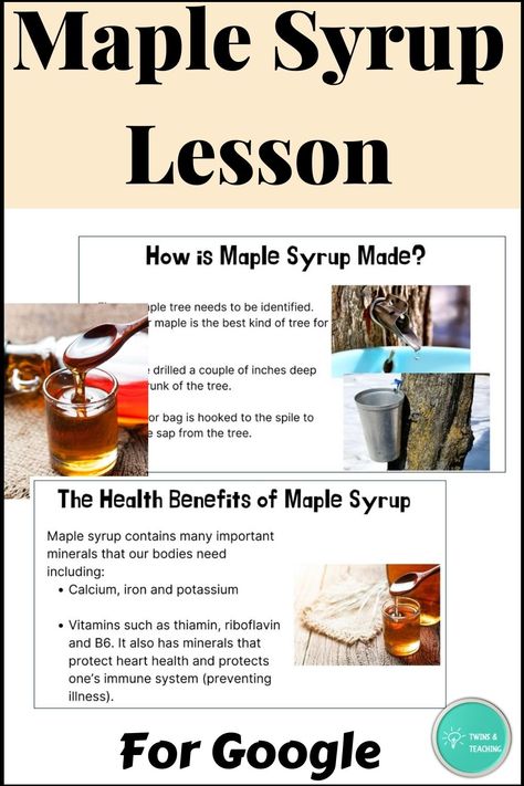 Maple syrup lesson in both Google format and a PDF. Slides incldude: history of maple syrup how maple syrup is made where maple syrup is made health benefits and more! Includes 10 questions and a crossword puzzle for students to complete to review the information they learned. No-prep and easy to use! #maplesyruplesson #5thgrade #nonfictionlessons #culinarylessons #facslessons #fcslessons Maple Sugaring Activities, Lost Skills, Maple Sugaring, Culinary Lessons, Art Teaching Resources, Family And Consumer Science, Classroom Routines, Food Science, Global Recipes