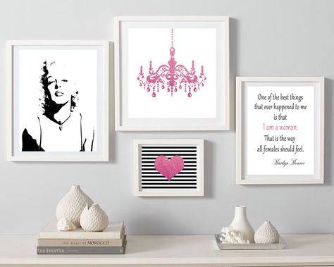 Marilyn Monroe prints, Marilyn monroe wall art, Marilyn set of 4, Marilyn pink fashion set, chandelier poster, heart decor, marilyn quote by S4StarSbySiSSy on Etsy https://www.etsy.com/ca/listing/384705748/marilyn-monroe-prints-marilyn-monroe Tiffany Inspired Bedroom, Tiffany Blue Rooms, Teal Bedroom Decor, Marilyn Monroe Wall Art, Tiffany And Co Box, Sparkle Quotes, Teal Art, Heels Fashion, Breakfast At Tiffanys