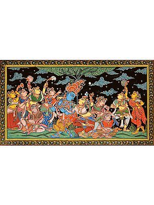 Radha Krishna Temple, Indian Traditional Paintings, Krishna Lila, Krishna Temple, Color Painting, Motif Design, Folk Art Painting, Traditional Paintings, Flower Mandala