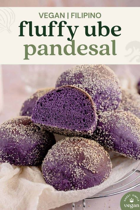 A Filipino breakfast staple made vegan! This ube pandesal recipe is soft, fluffy, and delicious. Pandesal is great any time of day and can be enjoyed on its own or with sweet or savory fillings. #pandesal #ubepandesal #ubecheesepandesal #veganpandesal #veganfilipino #filipino #sweetsimplevegan #sweetbread #ube Ube Pandesal Recipe, Yam Bread, Ube Dessert, Purple Foods, Pandesal Recipe, Filipino Breakfast, Ube Recipes, Vegan Breads, Sweet Dinner Rolls