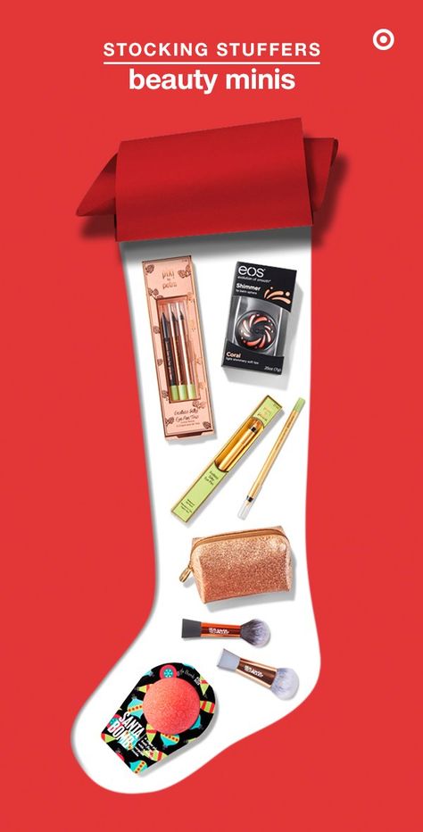 Mini but mighty beauty faves that are perfect as white elephant gifts, stocking stuffers and secret Santa surprises: Pixi Endless Silky Eye Pens; Eos Coral Shimmer Lip Balm; e.l.f. Holiday Gold Lipstick Case; Real Techniques Mini Sculpting Brush and Mini Contour Brush; and Da Bomb Bath Fizzers Santa Bomb. December Marketing Ideas, Holiday Newsletter Ideas, Holiday Campaign Advertising, Beauty Creative Ads, Gift Poster Design, Holiday Product Photography, Holiday Ads, Holiday Advertising, Winter Products