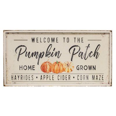 Welcome To The Pumpkin Patch Metal Sign is a metal sign with a heavily distressed white finish. Sign reads, "Welcome to the Pumpkin Patch - Home Grown - Hayrides - Apple Cider - Corn Maze " in black text and it features three watercolor-style pumpkin accents. It comes with two pre-installed sawtooth hangers for easy wall display and itmeasures 12.25" high by 24" wide by .75" deep. | Trinx Welcome To The Pumpkin Patch Metal Sign Brown/White 0.75 x 24.0 in | Home Decor | C000252797 | Wayfair Canad Fall Color Combinations, Pumpkin Patch Sign, Fall Leaf Wreaths, Pumpkin Illustration, Tin Walls, Corn Maze, Home Grown, Accent Wall Decor, Metal Wall Sign