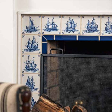 Dutch tile Fireplace Faux, 1900 House, Faux Tiles, Dutch Tiles, Dutch Delft, Tile Fireplace, Fireplace Tile Surround, Shiplap Fireplace, Concrete Fireplace