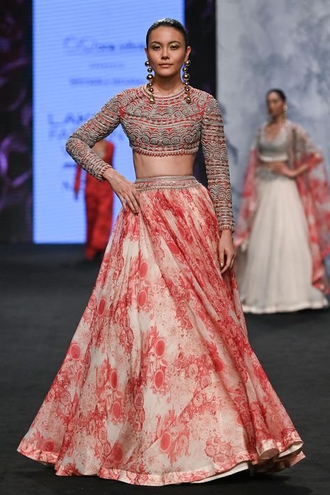 Buy Bhumika Sharma Organza Blossom Print Skirt And Embroidered Blouse Set Online | Aza Fashions Bhumika Sharma, Round Skirt, Floral Printed Skirt, Bow Tie Blouse, Cocktail Outfit, Organza Skirt, Red Bow Tie, Blossom Print, Printed Skirt