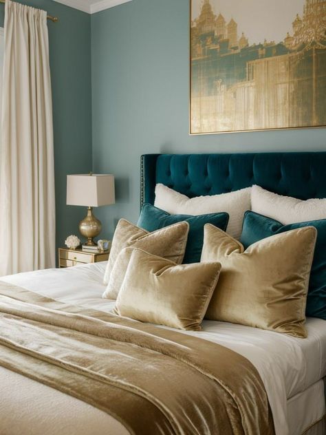 Turquoise Blue Bedroom Ideas, Teal Gold White Bedroom, Teal Bedframe Bedroom Ideas, Green And Gold Master Bedrooms Decor, Teal And Gold Office, Beige Bed Frame Bedroom Ideas, Peacock Bedroom Ideas Decor, Teal Room Decor Bedroom, Teal And Cream Bedroom