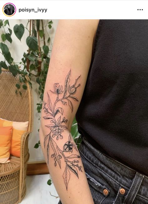 Floral Tattoo Around Elbow, Floral Elbow Tattoos For Women, Side Of Elbow Tattoo, Elbow Flower Tattoos, Side Elbow Tattoo, Below Elbow Tattoo, Foliage Tattoo, Tattoo Elbow, Inner Elbow Tattoos