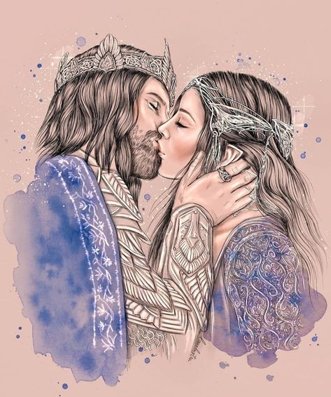 art by @_lauilustra_ on insta. Aragorn And Arwen, Kissing Drawing, Epic Drawings, Tolkien Elves, Middle Earth Art, Color Drawing Art, Star Wars Characters Pictures, Tolkien Art, Lotr Art